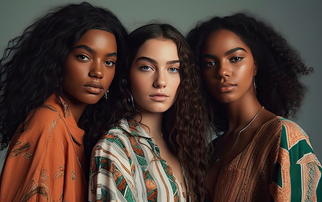 Tres mujeres frente a un fondo gris.