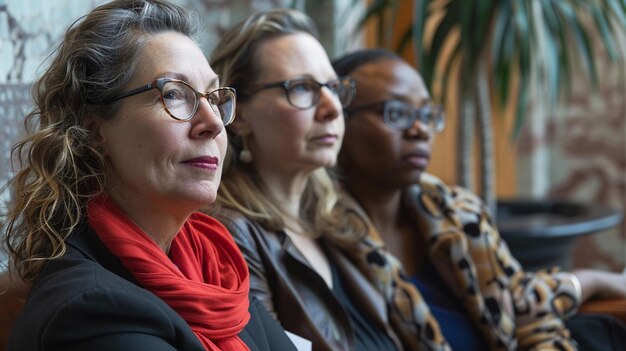 Tres mujeres con gafas están sentadas en un sofá y mirando a la derecha