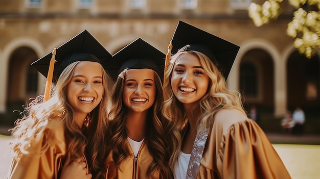 Tres mujeres graduadas con togas y birretes se paran frente a un edificio