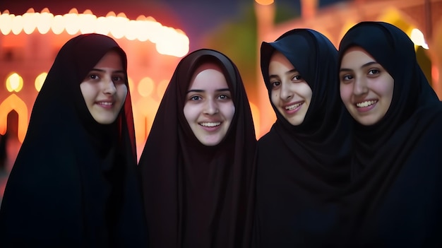 Tres mujeres con hiyab se paran frente a un fondo colorido.