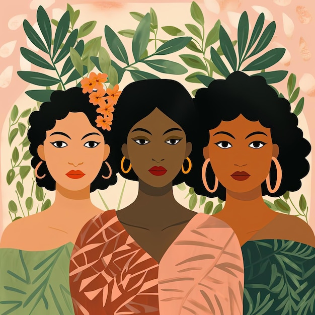 Foto tres mujeres con hojas verdes que representan y tropicales