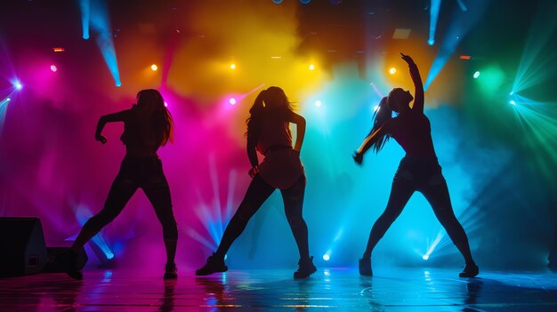 Tres mujeres jóvenes bailando en un escenario todas llevan ropa casual y zapatillas de deporte el fondo es un borrón de luces brillantes