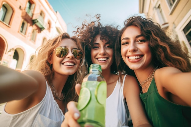 Tres mujeres jóvenes en la calle tomándose una selfie juntas.