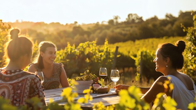 Foto tres mujeres jóvenes disfrutando de vino y queso en un viñedo al atardecer