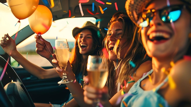 Tres mujeres jóvenes están teniendo una fiesta en un coche se están riendo y bebiendo champán mientras conducen por una carretera