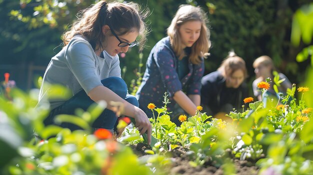 Tres mujeres jóvenes están trabajando en un jardín están plantando flores y desherbando todas llevan ropa casual y están disfrutando del sol