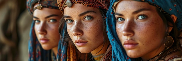 Foto tres mujeres jóvenes y hermosas que llevan la imagen de fondo tradicional