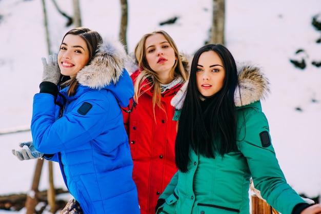 tres mujeres jóvenes en las montañas de invierno