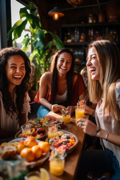 Tres mujeres jóvenes riendo y comiendo en un restaurante