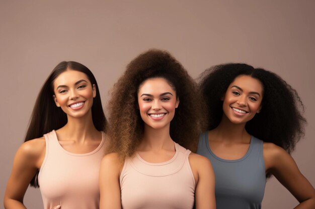 Tres mujeres jóvenes sonriendo juntas celebrando la diversidad y la amistad