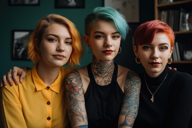 Tres mujeres jóvenes con tatuajes y cabello corto de colores vivos en una oficina IA generativa AIG21