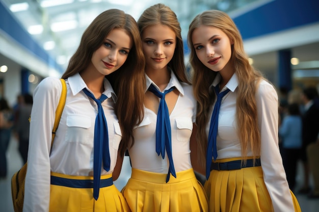 Tres mujeres jóvenes con uniformes escolares y faldas amarillas posan para una foto