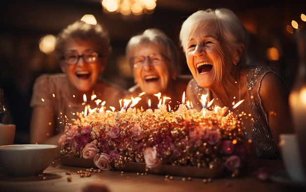 Tres mujeres mayores felices y velas en el pastel de cumpleaños para una celebración