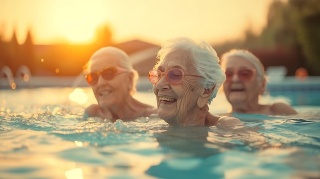 tres mujeres mayores en la piscina