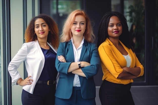 Tres mujeres de pie frente a un edificio.