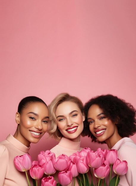 Foto tres mujeres de pie con tulipanes rosados