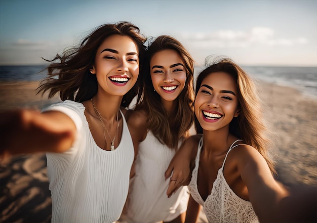 tres mujeres posan para una foto en la playa