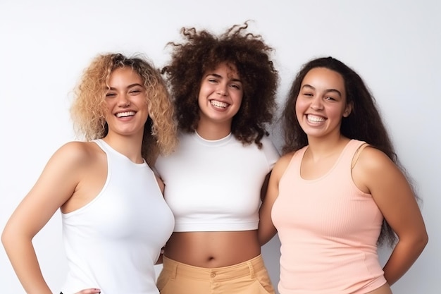 Tres mujeres posando para una foto, una con una camiseta sin mangas y la otra con una camiseta sin mangas blanca