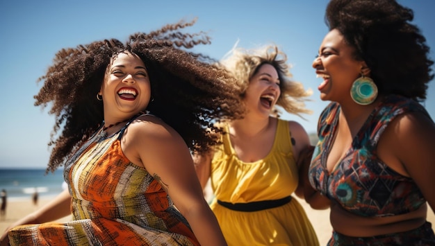 Tres mujeres riendo de diversos orígenes en la playa El concepto de amistad y alegría