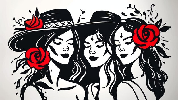 Tres mujeres con rosas en el cabello