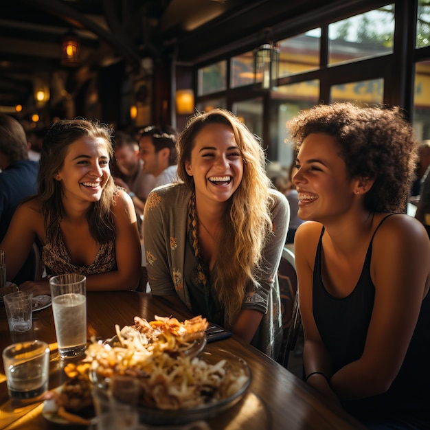 tres mujeres sentadas en una mesa con comida y bebidas