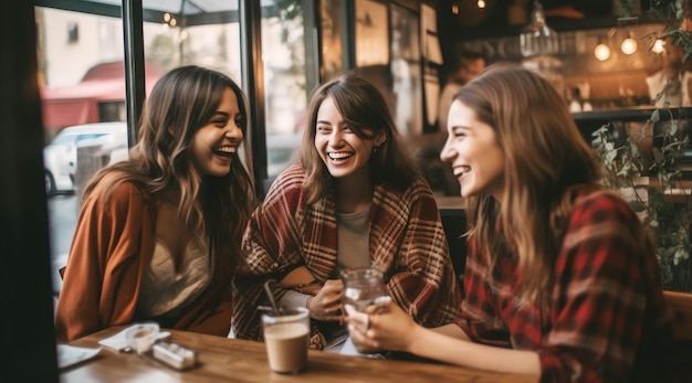 Tres mujeres sentadas en una mesa riendo y riendo