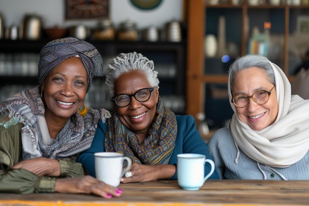 tres mujeres sentadas en una mesa con una taza de café