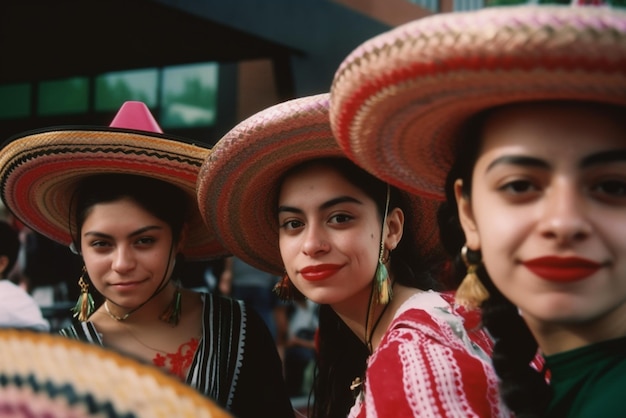Tres mujeres con sombrero se sientan en fila