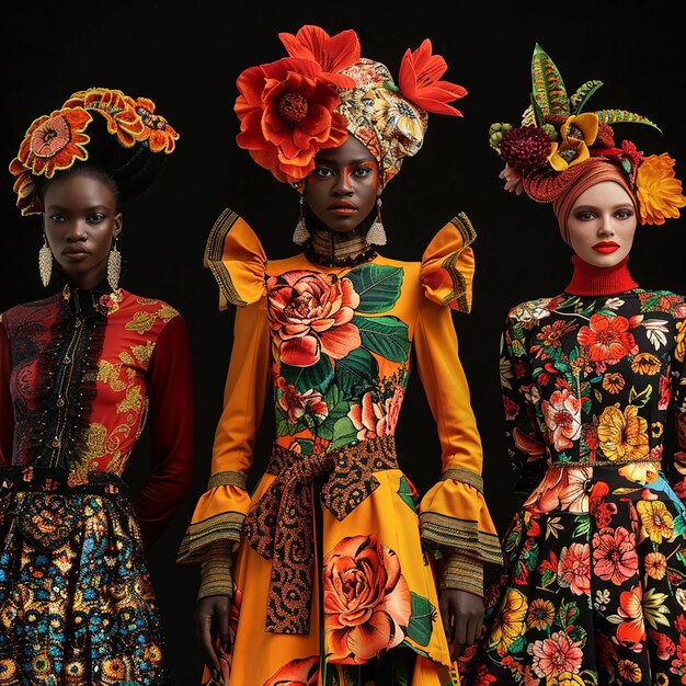 tres mujeres con sombreros de colores y una tiene una flor en él