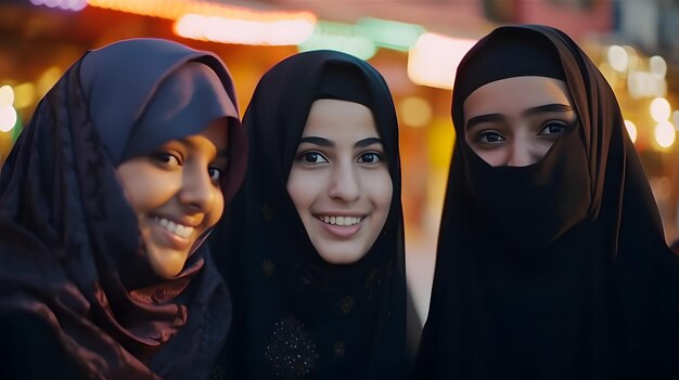 Foto tres mujeres sonríen y usan hiyab y un hiyab.