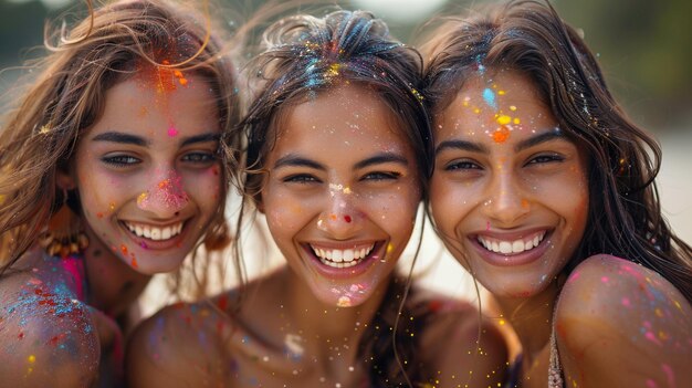 Foto tres mujeres sonriendo y riendo con decoraciones coloridas en ellos
