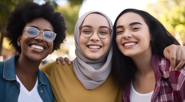 Tres mujeres sonriendo y riendo juntas, una de ellas tiene una sonrisa en la cara.