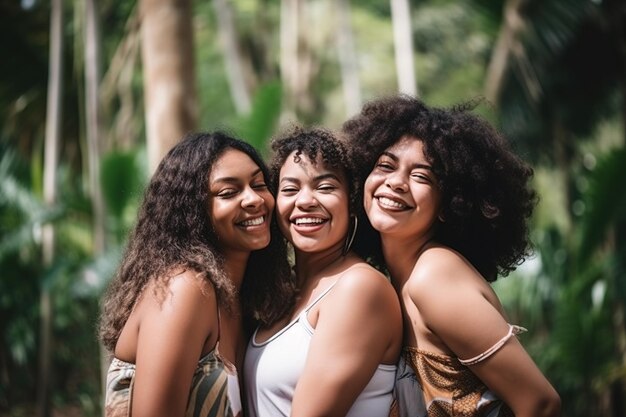 Tres mujeres sonriendo y riendo en un parque