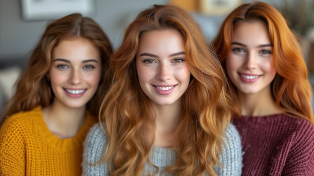 Foto tres mujeres sonrientes con cabello rojo en el interior