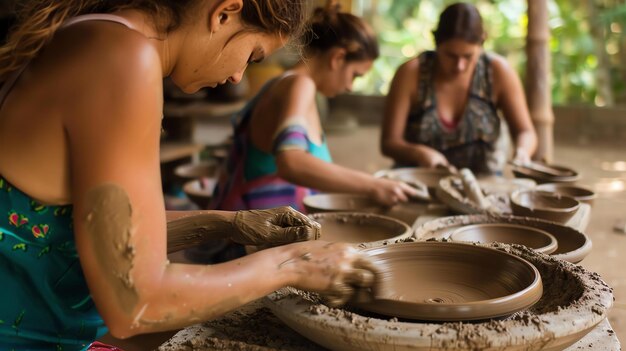 Foto tres mujeres trabajan en un estudio de cerámica, todas llevan ropa casual y se centran en su trabajo.