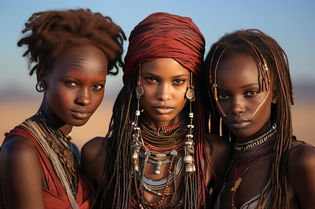 Foto tres mujeres con trajes tribales posan en el desierto