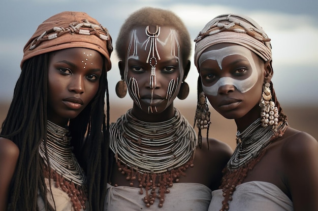 Foto tres mujeres con trajes tribales posan en el desierto