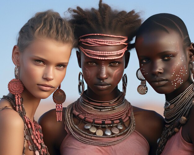 Foto tres mujeres con trajes tribales posan en el desierto