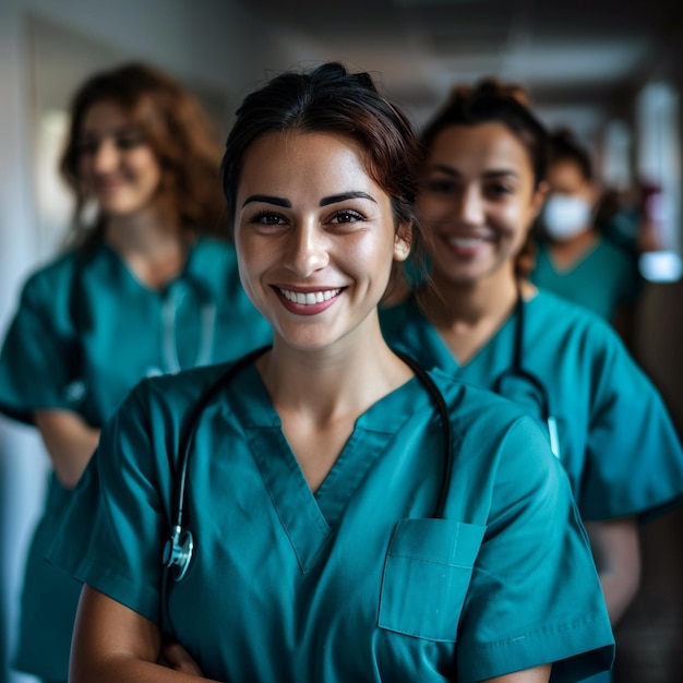 tres mujeres con uniformes verdes que dicen "brunch"