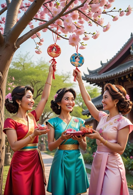tres mujeres en vestido tradicional chino sosteniendo una flor