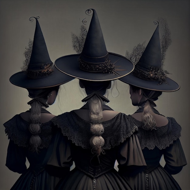 tres mujeres con vestidos negros y sombreros con cabello largo generativo ai