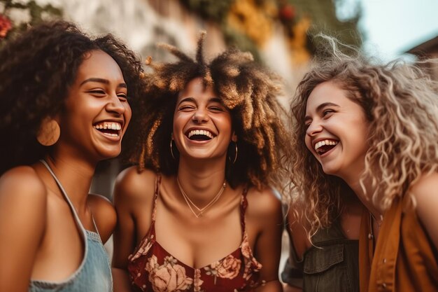 Foto três mulheres a rir juntas ao ar livre.