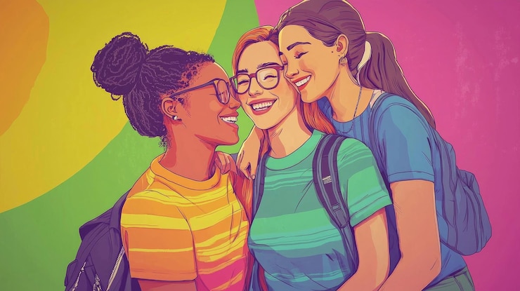 Foto três mulheres abraçadas e sorrindo envoltas em roupas quentes criando uma atmosfera de amizade, amor e unidade, destacando a alegria e a conexão humana.