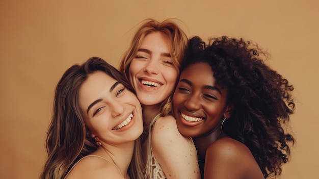 Foto três mulheres alegres de diferentes etnias se abraçando e rindo juntas