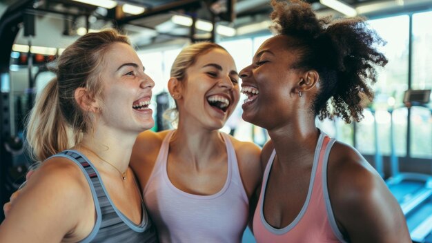 Foto três mulheres alegres e diversas abraçadas no ginásio a celebrar a amizade.