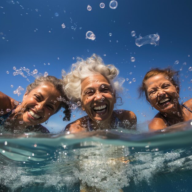 Três mulheres alegres nadam no mar