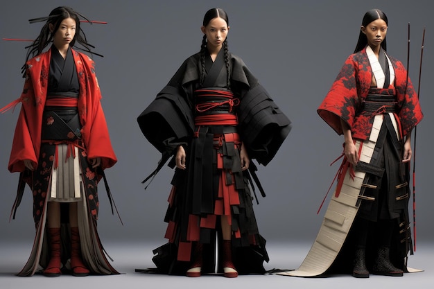 Três mulheres asiáticas vestindo roupas pretas e vermelhas correspondentes posando para uma foto Vestuário tradicional de samurai deconstruído de forma moderna Gerado por IA