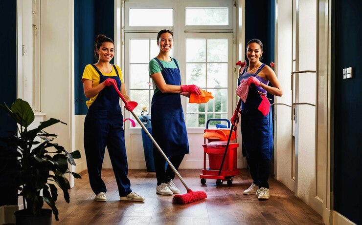 Três mulheres com luvas de borracha e um carrinho de compras vermelho
