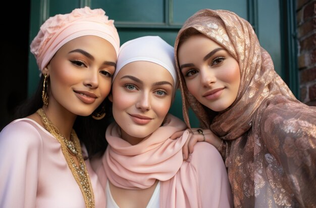 Foto três mulheres de hijab posando juntas