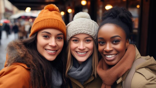 Três mulheres de pé uma ao lado da outra na rua Diversidade de amizade ou estilo de vida urbano